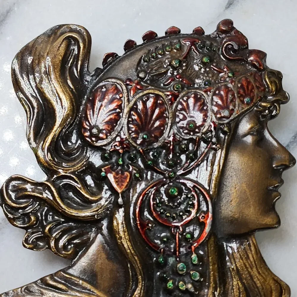 Vintage 1970s Alphonse Mucha Bergamot Brass Works Gypsy Boho Belt Buckle